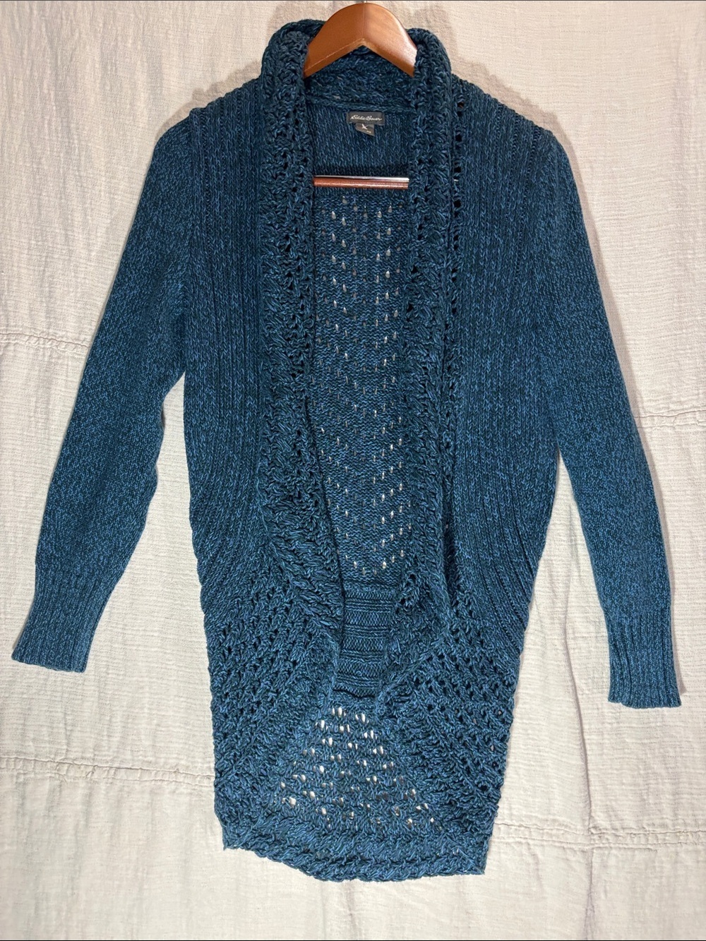 Eddie Bauer Teal Open-Knit Shawl Collar Cardigan 100% Cotton